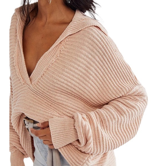 Free People Long Sleeve Collar Sweater Marlie Pullover Ribbed Dusty Pink L 0122 - Picture 5 of 11